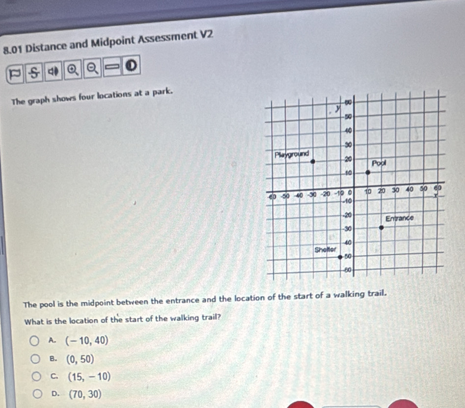 8.01 Distance and Midpoint Assessment V2
s
The graph shows four locations at a park.
The pool is the midpoint between the entrance and the location of the start of a walking trail.
What is the location of the start of the walking trail?
A. (-10,40)
B. (0,50)
C. (15,-10)
D. (70,30)