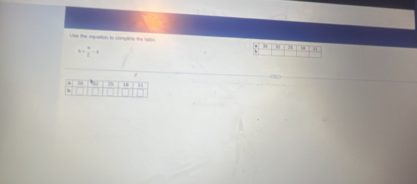 Use the equation to complete the table.
b= a/2 -4