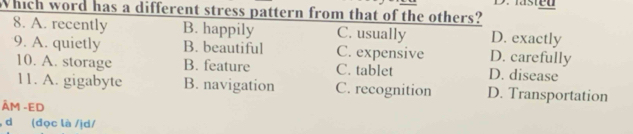 Which word has a different stress pattern from that of the others?
8. A. recently B. happily C. usually D. exactly
9. A. quietly B. beautiful C. expensive D. carefully
10. A. storage B. feature C. tablet D. disease
11. A. gigabyte B. navigation C. recognition D. Transportation
ÂM -ED
, d (đọc là /ịd/