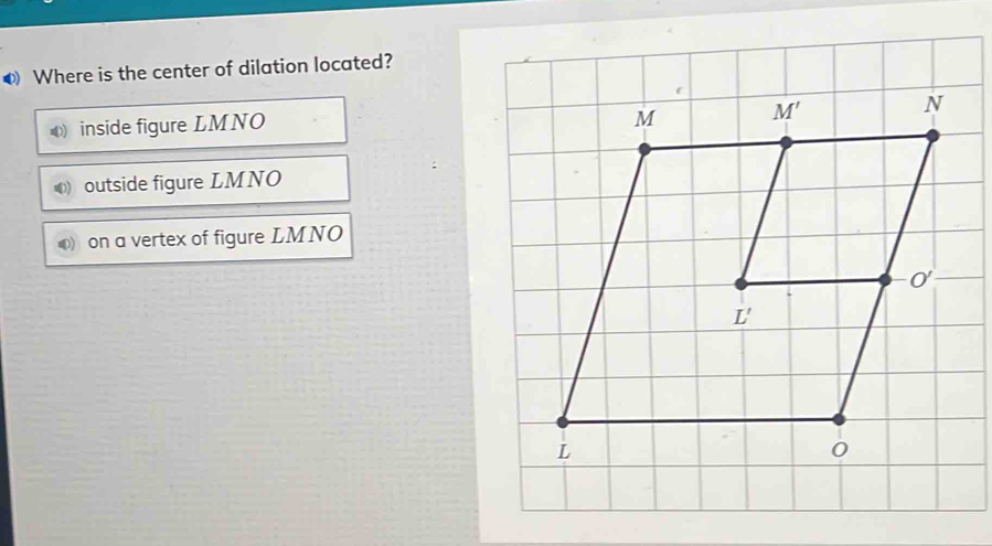 Where is the center of dilation located?
inside figure LMNO
outside figure LMNO
0) on a vertex of figure LMNO