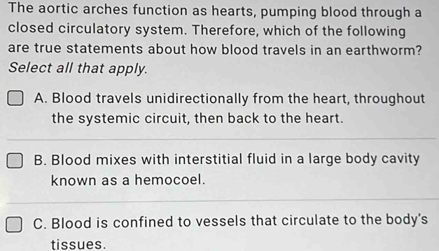 Solved: The aortic arches function as hearts, pumping blood through a ...