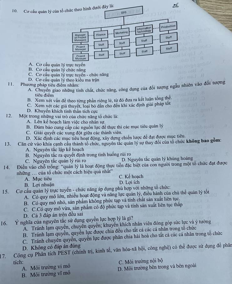 Cơ cấu quản lý của
A. Cơ cấu quản
B. Cơ cấu quản lý chức năng
C. Cơ cầu quản lý trực tuyển - chức năng
D. Cơ cấu quản lý theo kiểu ma trận
11. Phương pháp tiểu điểm nhằm:
A. Chuyển giao những tính chất, chức năng, công dụng của đổi tượng ngẫu nhiên vào đối tượng
tiêu điểm
B. Xem xét vấn đề theo từng phần riêng lẻ, từ đó đưa ra kết luận tổng thể.
C. Xem xét các giả thuyết, loại bỏ dần cho đến khi xác định giải pháp tốt
D. Khuyến khích tinh thần tích cực
12. Một trong những vai trò của chức năng tổ chức là:
A. Lên kể hoach làm việc cho nhân sự.
B. Đảm bảo cung cấp các nguồn lực đề thực thi các mục tiêu quản lý
C. Giải quyết các xung đột giữa các thành viên.
D. Xác định các mục tiêu hoạt động, xây dựng chiến lược để đạt được mục tiêu.
13. Căn cứ vào khía cạnh cầu thành tổ chức, nguyên tắc quản lý sự thay đổi của tổ chức không bao gồm:
A. Nguyên tắc lập kế hoạch
B. Nguyên tắc ra quyết định trong tình huống rủi ro
C. Nguyên tắc quản lý rủi ro D. Nguyên tắc quản lý khủng hoảng
14. Điền vào chỗ trống: “quản lý là hoạt động thực tiễn đặc biệt của con người trong một tổ chức đạt được
những .. của tổ chức một cách hiệu quả nhất''
A. Mục tiêu C. Kế hoạch
B. Lợi nhuận D. Lợi ích
15. Cơ cấu quản lý trực tuyến - chức năng áp dụng phù hợp với những tổ chức:
A. Có quy mô lớn, nhiều hoạt động và năng lực quản lý, điều hành của chủ thể quản lý tốt
B. Có quy mô nhỏ, sản phẩm không phức tạp và tính chất sản xuất liên tục.
C. C.Có quy mô vừa, sản phẩm có độ phức tạp và tính sản xuất liên tục thấp
D. Cả 3 đáp án trên đều sai
16. Ý nghĩa của nguyên tắc sử dụng quyền lực hợp lý là gì?
A. Tránh lạm quyền, chuyên quyền; khuyển khích nhân viên đóng góp sức lực và ý tưởng
B. Tránh lạm quyền, quyền lực được chia đều cho tất cả các cá nhân trong tổ chức
C. Tránh chuyên quyền, quyền lực được phân chia hài hoà cho tất cả các cá nhân trong tổ chức
D. Không có đáp án đúng
17. Công cụ Phân tích PEST (chính trị, kinh tế, văn hóa-xã hội, công nghệ) có thể được sử dụng đề phân
tích: C. Môi trường nội bộ
A. Môi trường vi mô
B. Môi trường vĩ mô D. Môi trường bên trong và bên ngoài