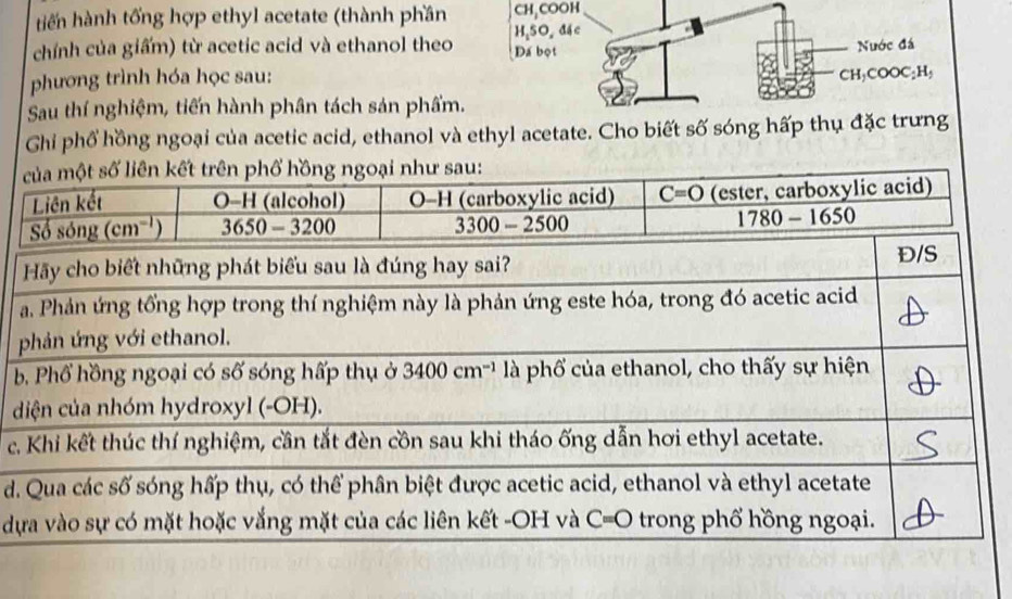 hiến hành tổng hợp ethyl acetate (thành phần CH,COOH
chính của giấm) từ acetic acid và ethanol theo Dá bột HậSO. đác
phương trình hóa học sau: CH_3COOC_2H_5 Nước đá
Sau thí nghiệm, tiến hành phân tách sản phẩm.
Ghi phổ hồng ngoại của acetic acid, ethanol và ethyl acetate. Cho biết số sóng hấp thụ đặc trưng
b
d
c
d.
dự