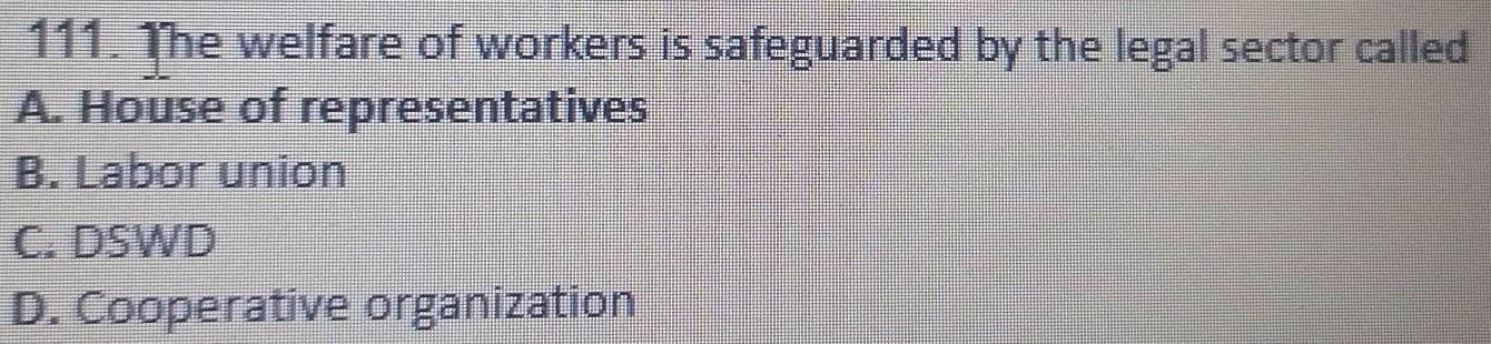 The welfare of workers is safeguarded by the legal sector called
A. House of representatives
B. Labor union
C. DSWD
D. Cooperative organization