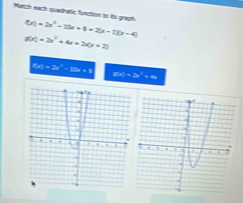 Match each quarratic function to its graph.
f(x)=2x^2-11x+8=2(x-1)(x-4)
g(x)=2x^2+4x=2x(x+2)
f(x)=3x^2-23x+8 g(x)=3x^2+4x