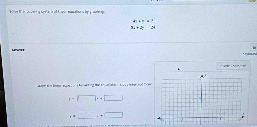 Solve the following system of linear equations by graphing:
4x+y=21
8x+2y=24
Answer 
Keyboard 
Enable Zoom/Pan 
Graph the linear equations by writing the equations in slope-intercept form:
y=□ x+□
y=□ x+□