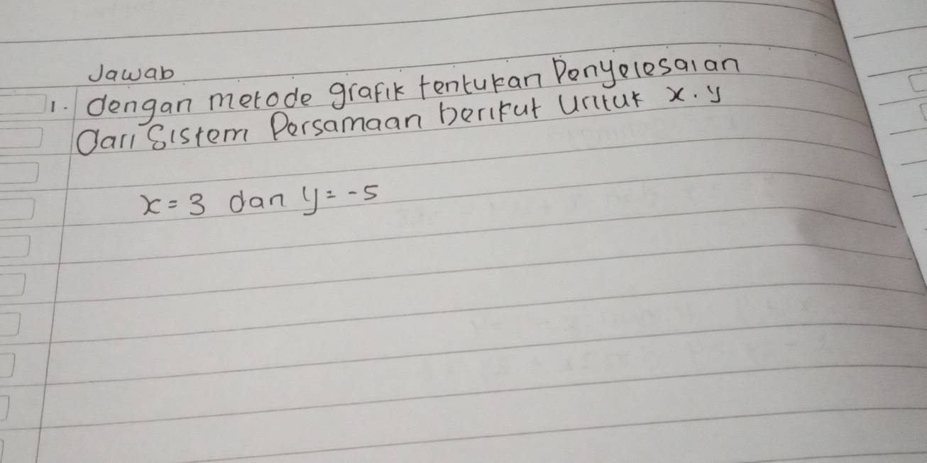 Jawab 
1. dengan metode grafik tentukan Ponylesal an 
Oai Sistem Persamaan berifut Untur x. y
x=3 dan y=-5