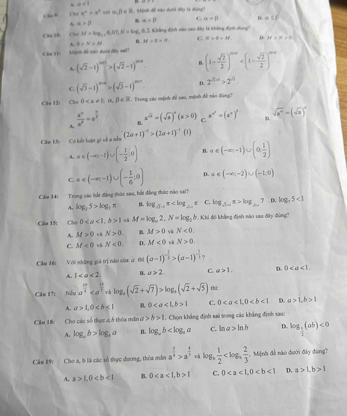 A. a<1</tex>
B.
Cầu + Cho n^4>n^3 với alpha ,beta ∈ R ( Mệnh đề nào dưới đây là dùng)
A. a>beta B. alpha
C. alpha =beta D. a≤ beta
Cân 10: Cho M=log _a,0,07;N=log _3; 0,2. Khẳng định nào sau đây là kháng định đùng?
A. 0>N>M, B. M>0>N C. N>0>M. D. M>N>0,
Câu 111 Mệnh đề nào dưới đây sai?
A. (sqrt(2)-1)^2017>(sqrt(2)-1)^2018.
B. (1- sqrt(2)/2 )^2019
C. (sqrt(3)-1)^2016>(sqrt(3)-1)^2017. D. 2^(sqrt(2)+1)>2^(sqrt(3)).
Câu 12: Cho 0 - Trong các mệnh đề sau, mệnh đề nào đúng?
A.  a^a/a^b =a^(frac a)p
B. a^(sqrt(s))=(sqrt(a))^a(a>0) C. a^(alpha ^beta)=(a^(alpha))^beta  D. sqrt(a^a)=(sqrt(a))^a
Cầu 13: Có kết luận gì về a nếu (2a+1)^-3>(2a+1)^-1(1)
A. a∈ (-∈fty ,-1)∪ (- 1/2 ;0) B. a∈ (-∈fty ,-1)∪ (0, 1/2 )
C. a∈ (-∈fty ,-1)∪ (- 1/6 ;0)
D. a∈ (-∈fty ;-2)∪ (-1;0)
Câu 14: Trong các bắt đẳng thức sau, bắt đẳng thức nào sai?
A. log _25>log _2π B. log _sqrt(2)-1π e C. log _sqrt(3)+1π >log _sqrt(3)+17 D. log _75<1</tex>
Câu 15: Cho 01 và M=log _a2,N=log _2b. Khi đó khảng định nào sau đây đúng?
A. M>0 và N>0. B. M>0 và N<0.
C. M<0</tex> và N<0. D. M<0</tex> và N>0.
Câu 16: Với những giá trị nào của à thì (a-1)^- 2/3 >(a-1)^- 1/3  ?
A. 1
B. a>2. C. a>1. D. 0
Câu 17: Nếu a^(frac 19)5 và log _b(sqrt(2)+sqrt(7))>log _b(sqrt(2)+sqrt(5)) thì:
A. a>1,0 B. 01 C. 0 D. a>1,b>1
Câu 18: :Cho các số thực đ,b thỏa mãn a>b>1. Chọn khẳng định sai trong các khẳng định sau:
A. log _ab>log _ba B. log _ab c. l na>ln b D. log _ 1/2 (ab)<0</tex>
Câu 19: Cho a, b là các số thực dương, thỏa mãn a^(frac 3)4>a^(frac 4)3 và log _b 1/2  Mệnh đề nào dưới đây đúng?
A. a>1,0 B. 01 C. 0 D. a>1,b>1