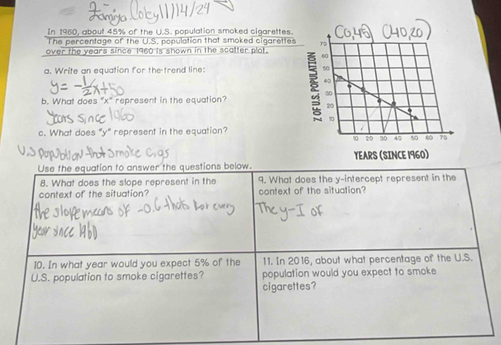 In 1960, about 45% of the U.S. population smoked cigarettes. 
The percentage of the U.S. population that smoked cigarettes 
over the years since 1960 is shown in the scatter plot. 
a. Write an equation for the trend line: 
b. What does "x" represent in the equation? 
c. What does "y" represent in the equation? 
Use the equation to answer the questions below. 
8. What does the slope represent in the 9. What does the y-intercept represent in the 
context of the situation? context of the situation? 
10. In what year would you expect 5% of the 11. In 2016, about what percentage of the U.S. 
U.S. population to smoke cigarettes? population would you expect to smoke 
cigarettes?