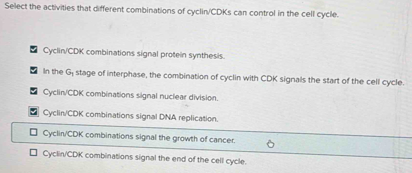 Select the activities that different combinations of cyclin/CDKs can control in the cell cycle.
Cyclin/CDK combinations signal protein synthesis.
In the G_1 stage of interphase, the combination of cyclin with CDK signals the start of the cell cycle.
Cyclin/CDK combinations signal nuclear division.
Cyclin/CDK combinations signal DNA replication.
Cyclin/CDK combinations signal the growth of cancer.
Cyclin/CDK combinations signal the end of the cell cycle.