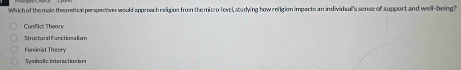 Which of the main theoretical perspectives would approach religion from the micro-level, studying how religion impacts an individual's sense of support and well-being?
Conflict Theory
Structural Functionalism
Feminist Theory
Symbolic Interactionism