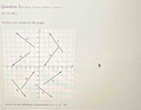 Question 3(Multiple Choice Worth 2 points) 
(07.01 MC) 
Vectors are shown in the graph.
7
n
4 r
4
3
s
o 2
1
-1 -4 4 -4 -1 -1 -1 . 1 0 4 4 7
-1
-2
p -1 t 
q -4
-4 u
-7
Which of the following is equivalent to v=langle -3,-4rangle ?