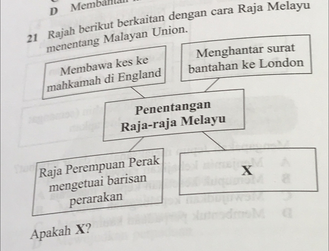 Membanla 
21 Rajah berikut berkaitan dengan cara Raja Melayu 
menentang Malayan Union. 
Menghantar surat 
Membawa kes ke 
mahkamah di England bantahan ke London 
Penentangan 
Raja-raja Melayu 
Raja Perempuan Perak
X
mengetuai barisan 
perarakan 
Apakah X?