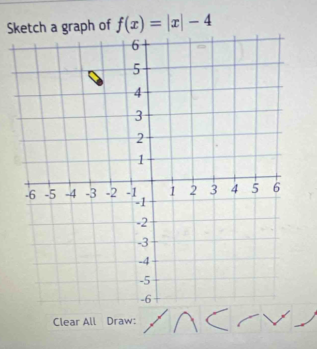 Sketch a graph of f(x)=|x|-4
Clear All Draw: