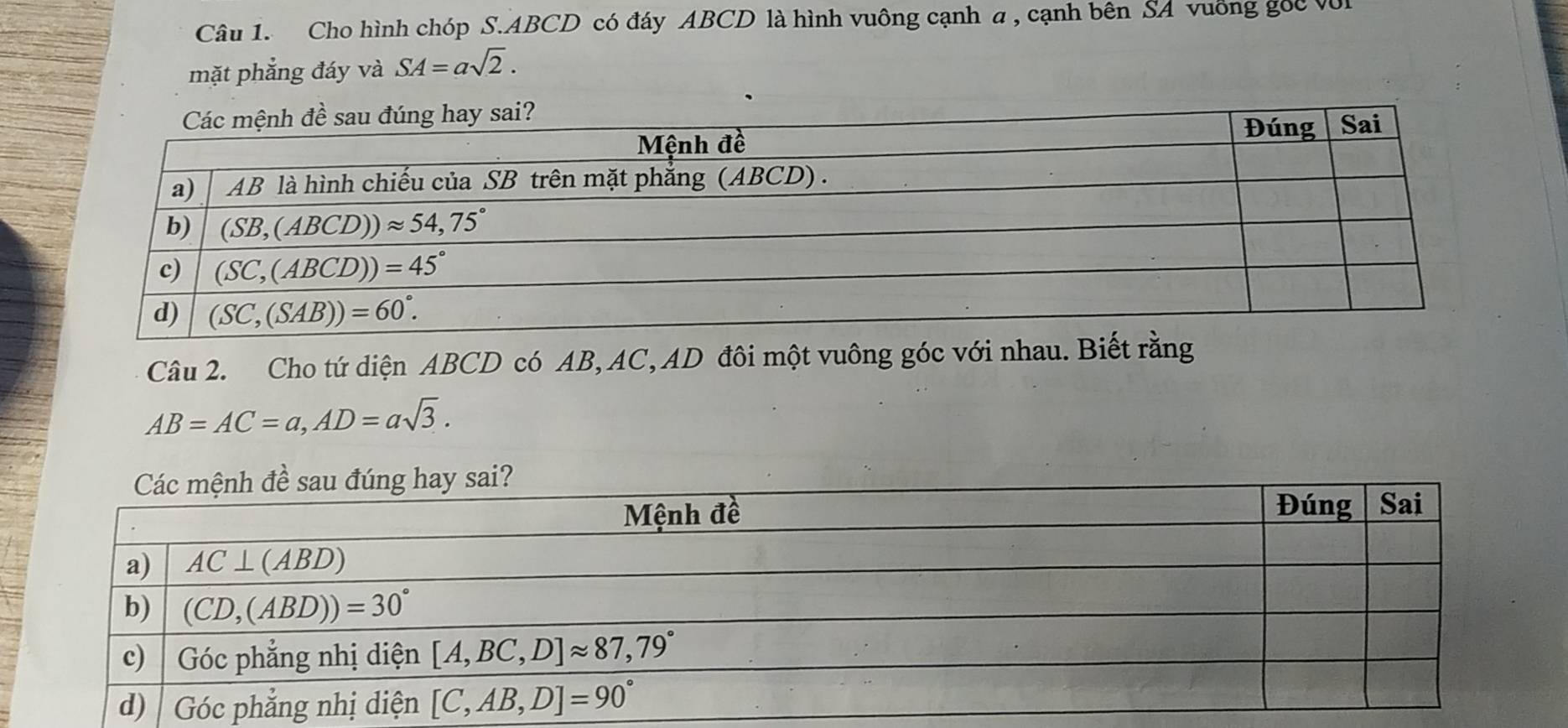 Cho hình chóp S.ABCD có đáy ABCD là hình vuông cạnh a , cạnh bên SA vuồng gốc vớl
mặt phẳng đáy và SA=asqrt(2).
Câu 2. Cho tứ diện ABCD có AB, AC, AD đôi một vuông góc với nhau. Biết rằng
AB=AC=a,AD=asqrt(3).