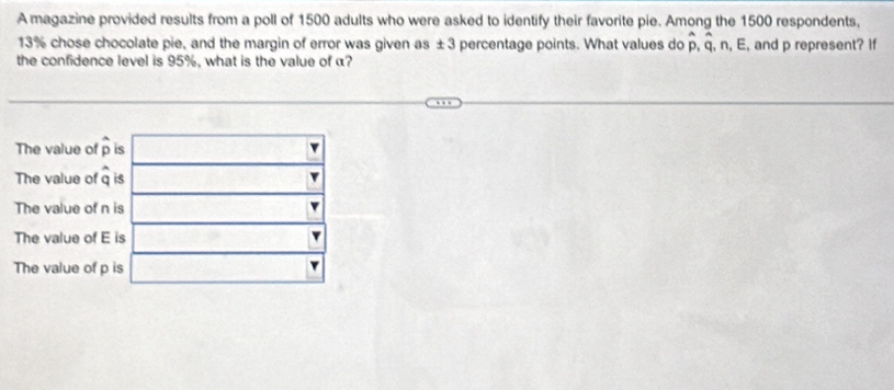 A magazine provided results from a poll of 1500 adults who were asked to identify their favorite pie. Among the 1500 respondents,
overset ADhat O
13% chose chocolate pie, and the margin of error was given as ±3 percentage points. What values do p, q, n, E, and p represent? If
the confidence level is 95%, what is the value of α?
The value of hat p is
The value of widehat q is
The value of n is
The value of E is
The value of p is