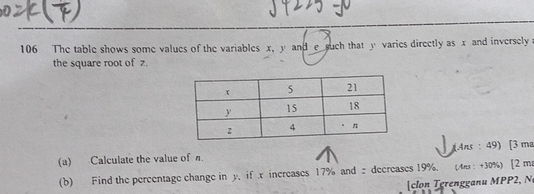 106 The table shows some values of the variables x, y and e such that y varies directly as x and inversely a 
the square root of z. 
(a) Calculate the value of . (Ans : 49) [3 ma 
(b) Find the percentage change in y if x increases 17% and = decreases 19%. (.4ms : +30%) [2 ma 
c grengan u M