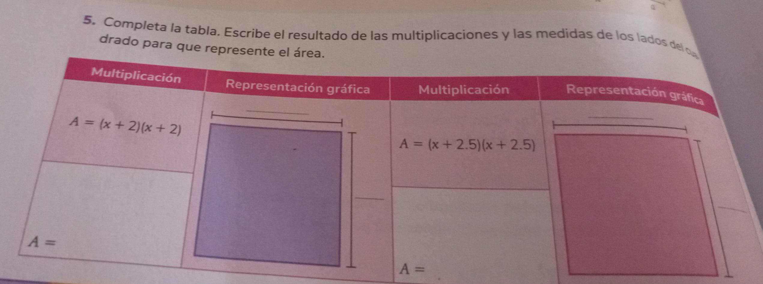 Completa la tabla, Escribe el resultado de las multiplicaciones y las medidas de los lados del o
drado para que represente el á