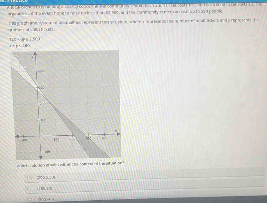 A local orchestra is holding a charity concert at the community center. Each adult ticket costs $12, and each child ticket costs $8. The
organizers of the event hope to raise no less than $2,500, and the community center can seat up to 280 people.
This graph and system of inequalities represent this situation, where x represents the number of adult tickets and y represents the
number of child tickets.
12x+8y≥ 2,500
x+y≤ 280
Which solution is valid wit
(200.5,50)
(180,80)
(300,-40)