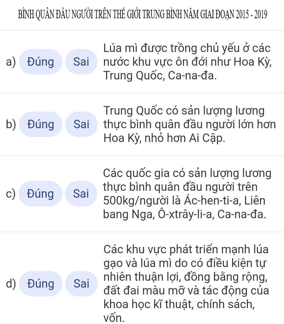 BÌNH QUÂN ĐÂU NGƯỜI TRÊN THÊ GIỚI TRUNG BÌNH NÃM GIAI ĐOAN 2015 - 2019 
Lúa mì được trồng chủ yếu ở các 
a) Đúng Sai hước khu vực ôn đới như Hoa Kỳ, 
Trung Quốc, Ca-na-đa. 
Trung Quốc có sản lượng lương 
b) Đúng Sai thực bình quân đầu người lớn hơn 
Hoa Kỳ, nhỏ hơn Ai Cập. 
Các quốc gia có sản lượng lương 
c) Đúng Sai 
thực bình quân đầu người trên
500kg /người là Ác-hen-ti-a, Liên 
bang Nga, Ô-xtrây-li-a, Ca-na-đa. 
Các khu vực phát triển mạnh lúa 
gạo và lúa mì do có điều kiện tự 
d) Đúng Sai 
nhiên thuận lợi, đồng bằng rộng, 
đất đai màu mỡ và tác động của 
khoa học kĩ thuật, chính sách, 
vốn.