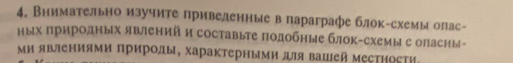 Внимательно изучите привеленные впараграфе блок-схемы олас- 
ных природных явленийи составьте πодобные блок-схемы с оласны- 
Ми явлениями Πрироды, характерными для вашей месΤηости