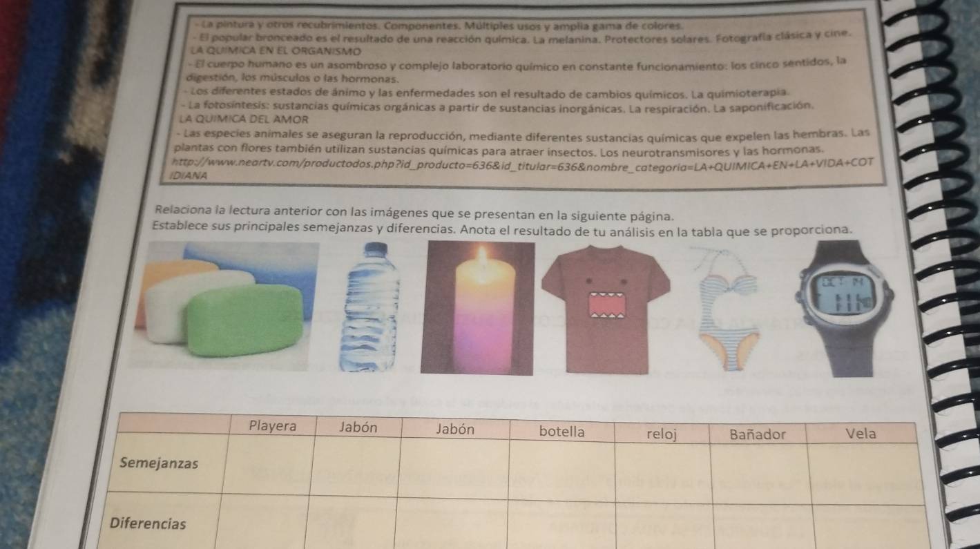 La pintura y otros recubrimientos. Componentes. Múltiples usos y amplia gama de colores. 
- El popular bronceado es el resultado de una reacción química. La melanina. Protectores solares. Fotografía clásica y cine. 
LA QUIMICA EN EL ORGANISMO 
- El cuerpo humano es un asombroso y complejo laboratorio químico en constante funcionamiento: los cinco sentidos, la 
digestión, los músculos o las hormonas. 
- Los diferentes estados de ánimo y las enfermedades son el resultado de cambios químicos. La quimioterapia 
- La fotosintesis: sustancias químicas orgánicas a partir de sustancias inorgánicas. La respiración. La saponificación. 
LA QUIMICA DEL AMOR 
- Las especies animales se aseguran la reproducción, mediante diferentes sustancias químicas que expelen las hembras. Las 
plantas con flores también utilizan sustancias químicas para atraer insectos. Los neurotransmisores y las hormonas. 
http://www.neartv.com/productodos.php?id_producto=636&id_titular=636&nombre_categoria=LA+QUIMICA+EN+LA+VIDA+COT 
/D/ANA 
Relaciona la lectura anterior con las imágenes que se presentan en la siguiente página. 
Establece sus principales semejanzas y diferenciaa.