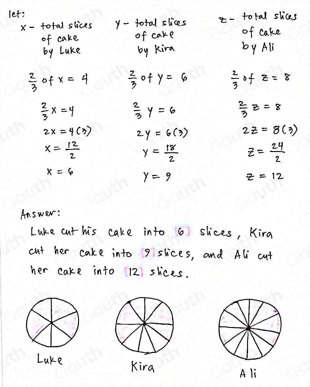 Solved: Luke, Kira, and Ali each served 2/3 of their own cake. Each ...