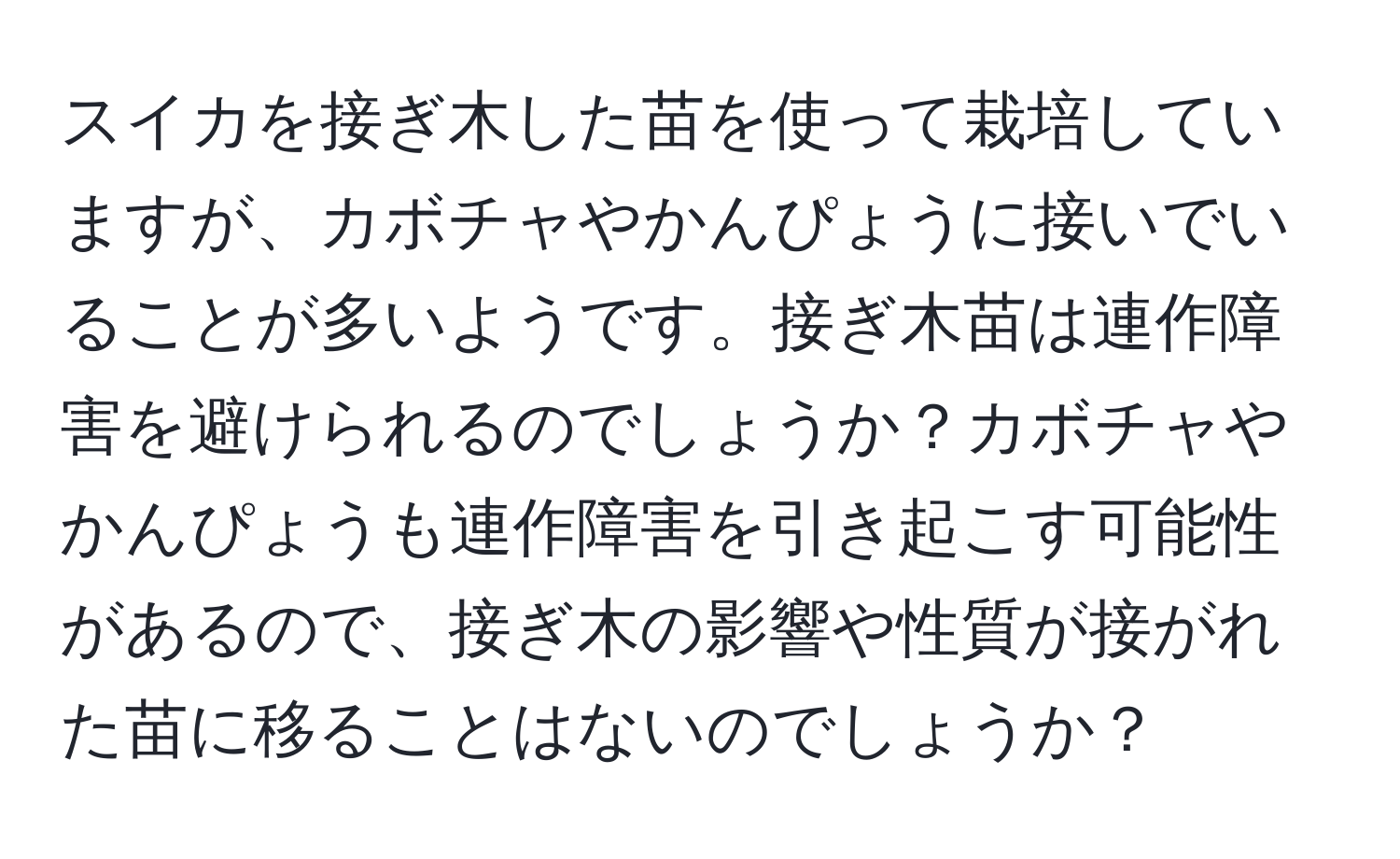 スイカを接ぎ木した苗を使って栽培していますが、カボチャやかんぴょうに接いでいることが多いようです。接ぎ木苗は連作障害を避けられるのでしょうか？カボチャやかんぴょうも連作障害を引き起こす可能性があるので、接ぎ木の影響や性質が接がれた苗に移ることはないのでしょうか？