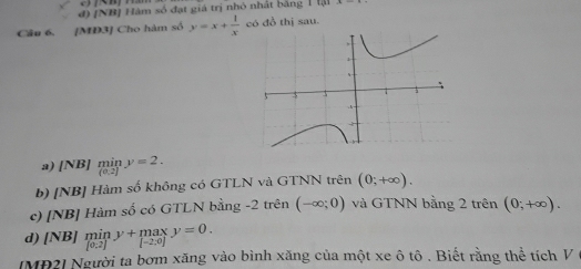 đ) [NB] Hàm số đạt giá trị nhỏ nhất bằng 1 lại
Câu 6. [MD3] Cho hàm số y=x+ 1/x  có đồ thị sau.
a) [NB] miny=2.
b) [NB] Hàm số không có GTLN và GTNN trên (0;+∈fty ).
c) [NB] Hàm số có GTLN bằng -2 trên (-∈fty ;0) và GTNN bằng 2 trên (0;+∈fty ).
d) [NB] miny+maxy=0. 
[MP2] Người ta bơm xăng vào bình xăng của một xe ô tô . Biết rằng thể tích V