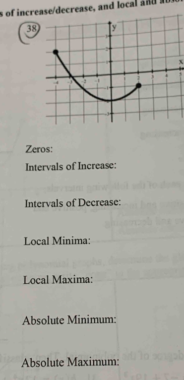 of increase/decrease, and local and b
38
x
5
Zeros: 
Intervals of Increase: 
Intervals of Decrease: 
Local Minima: 
Local Maxima: 
Absolute Minimum: 
Absolute Maximum: