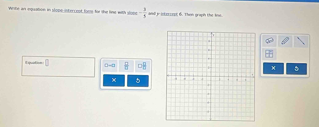 Write an equation in slope-intercept form for the line with slope - 3/5  and y-intercept 6. Then graph the line. 
Equation: □
□ =□  □ /□   □  □ /□  
×