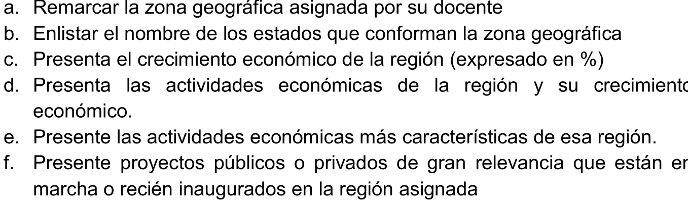 Remarcar la zona geográfica asignada por su docente 
b. Enlistar el nombre de los estados que conforman la zona geográfica 
c. Presenta el crecimiento económico de la región (expresado en %) 
d. Presenta las actividades económicas de la región y su crecimiento 
económico. 
e. Presente las actividades económicas más características de esa región. 
f. Presente proyectos públicos o privados de gran relevancia que están en 
marcha o recién inaugurados en la región asignada