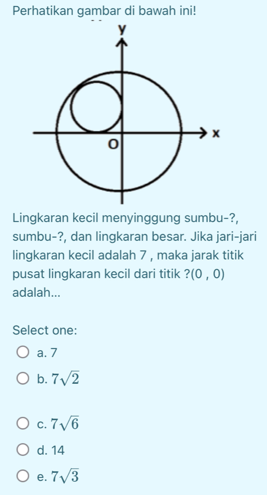 Perhatikan gambar di bawah ini!
Lingkaran kecil menyinggung sumbu-?,
sumbu-?, dan lingkaran besar. Jika jari-jari
lingkaran kecil adalah 7 , maka jarak titik
pusat lingkaran kecil dari titik ? (0,0)
adalah...
Select one:
a. 7
b. 7sqrt(2)
C. 7sqrt(6)
d. 14
e. 7sqrt(3)