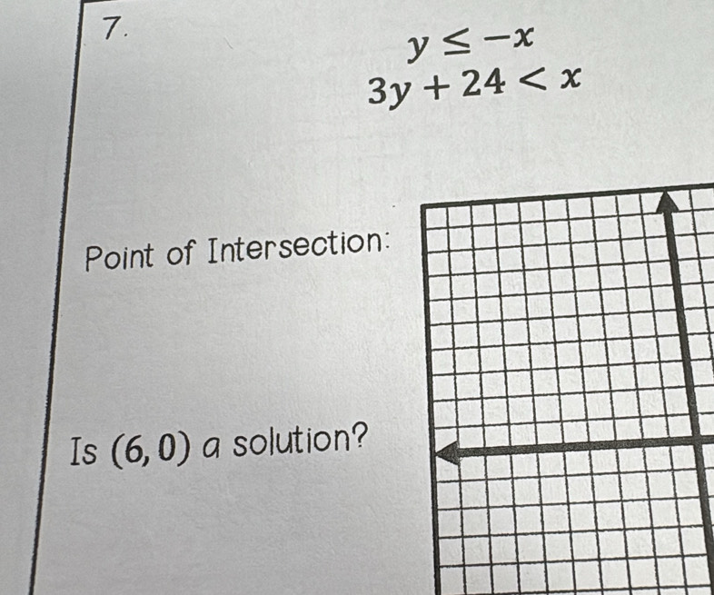 y≤ -x
3y+24
Point of Intersection: 
Is (6,0) a solution?