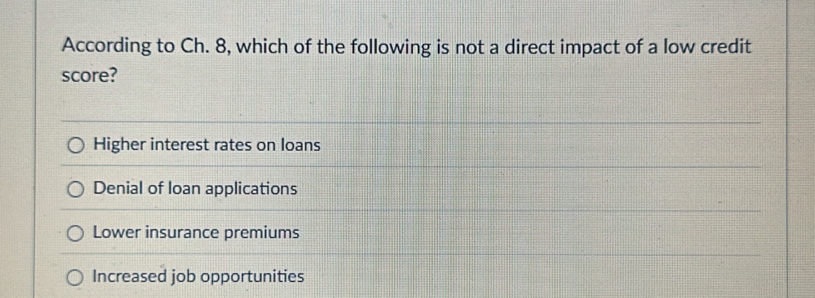 According to Ch. 8, which of the following is not a direct impact of a low credit
score?
Higher interest rates on loans
Denial of loan applications
Lower insurance premiums
Increased job opportunities