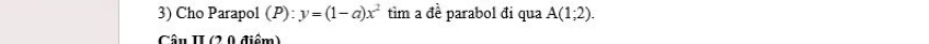 Cho Parapol (P) : y=(1-a)x^2 tìm a đề parabol đi qua A(1;2). 
Câu II (2 0 điểm)