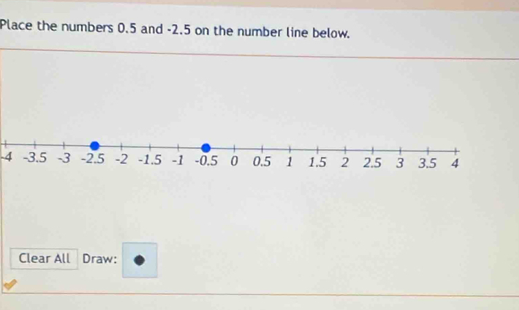 Place the numbers 0.5 and -2.5 on the number line below.
-4
Clear All Draw: