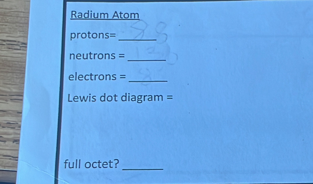 Solved: Radium Atom protons=_ neutrons =_ electrons =_ Lewis dot ...
