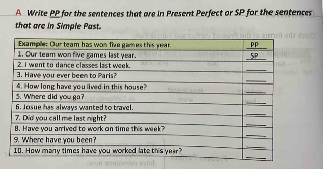 A Write PP for the sentences that are in Present Perfect or SP for the sentences 
that are in Simple Past.