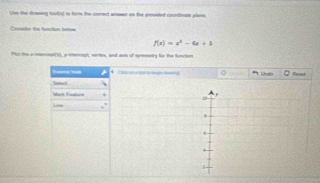 Use the drusing toof(s) to form the correct answer on the provided coordinate plane. 
Cansider the fenction below
f(x)=x^2-6x+5
Ples the a-intercept(s), y -intencept, vertex, and aws of symmetry for the fanction. 
* Clck ee a logl to tage desdng Unda Regal 
Seect 
Mari Faanuro 
Lme