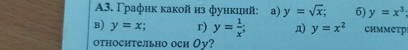 A3. Γрафик κакой из функиий: a) y=sqrt(x); 6) y=x^3; 
B) y=x r) y= 1/x ; y=x^2 Cимметр 
д) 
относительно оси Оу?