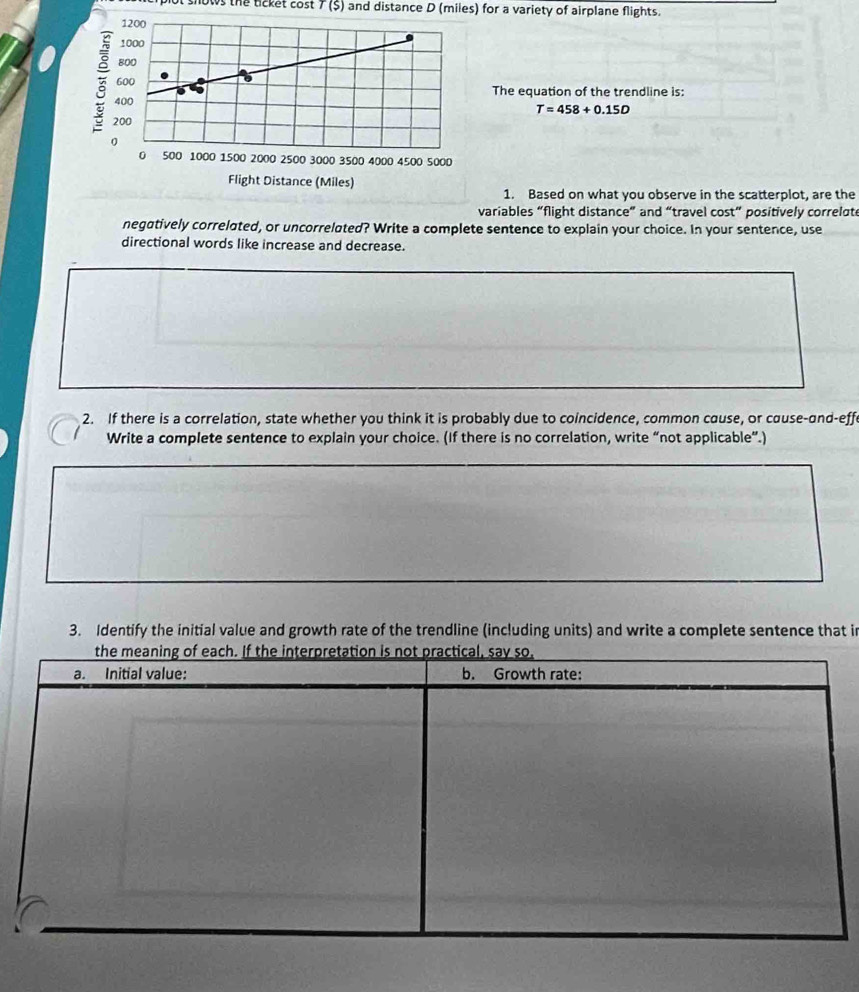 shows the ticket cost. /(5) and distance D (miies) for a variety of airplane flights. 
The equation of the trendline is:
T=458+0.15D
1. Based on what you observe in the scatterplot, are the 
variables “flight distance” and “travel cost” positively correlote 
negatively correlated, or uncorrelated? Write a complete sentence to explain your choice. In your sentence, use 
directional words like increase and decrease. 
2. If there is a correlation, state whether you think it is probably due to coincidence, common cause, or cause-and-effe 
Write a complete sentence to explain your choice. (If there is no correlation, write “not applicable”.) 
3. Identify the initial value and growth rate of the trendline (including units) and write a complete sentence that in
