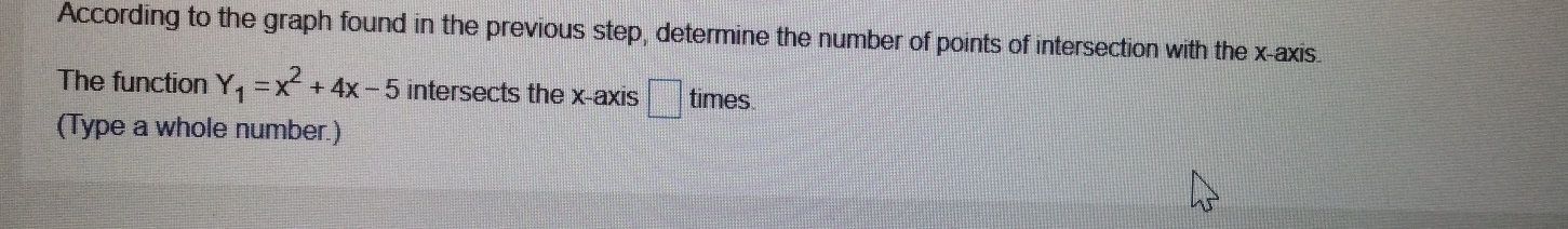 According to the graph found in the previous step, determine the number of points of intersection with the x-axis. 
The function Y_1=x^2+4x-5 intersects the x-axis □° times 
(Type a whole number.)