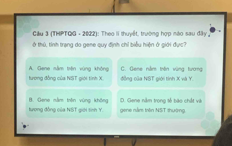 (THPTQG - 2022): Theo lí thuyết, trường hợp nào sau đây
ở thú, tính trạng do gene quy định chỉ biểu hiện ở giới đực?
A. Gene nằm trên vùng không C. Gene nằm trên vùng tương
tương đồng của NST giới tính X. đồng của NST giới tính X và Y.
B. Gene nằm trên vùng không D. Gene nằm trong tế bào chất và
tương đồng của NST giới tính Y. gene nằm trên NST thường.