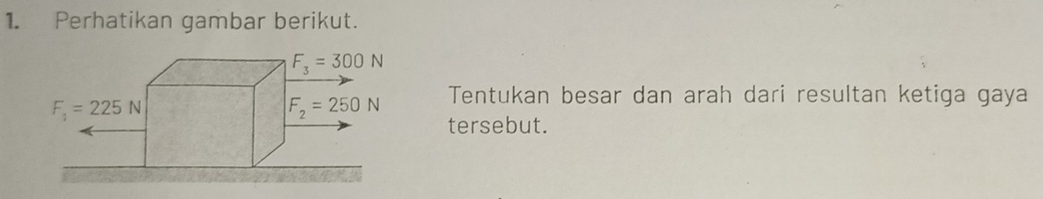 Perhatikan gambar berikut.
Tentukan besar dan arah dari resultan ketiga gaya
tersebut.