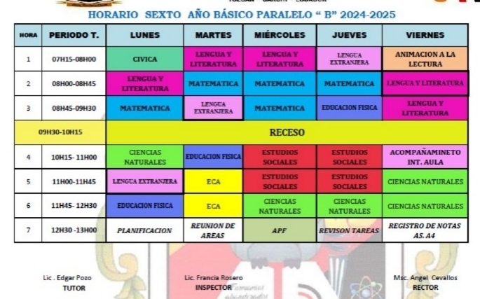 HORARIO SEXTO AÑO BÁSICO PARALELO “ B” 2024-2025
Lic . Edgar Pozo Lic. Francia Rosero Msc. Angel Cevallos
TUTOR INSPECTOR Madans o RECTOR