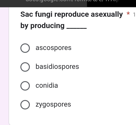 Sac fungi reproduce asexually * 1
by producing_
ascospores
basidiospores
conidia
zygospores