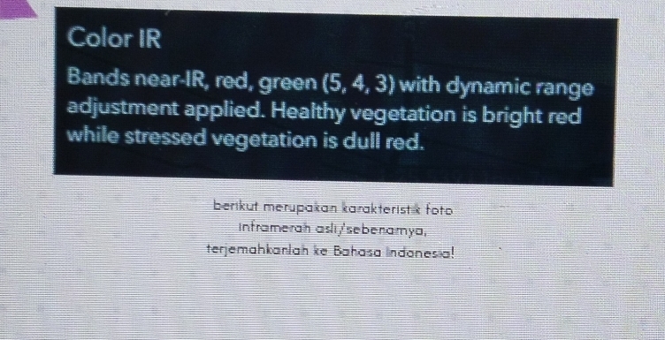 Color IR 
Bands near-IR, red, green (5,4,3) with dynamic range 
adjustment applied. Healthy vegetation is bright red 
while stressed vegetation is dull red. 
berikut merupakan karakterist k foto 
inframerah asli/'sebenamya, 
terjemahkanlah ke Bahasa Indonesia!