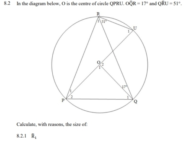 8.2 In the diagram below, O is the centre of circle QPRU. Owidehat QR=17° and Qwidehat RU=51°.
Calculate, with reasons, the size of:
8.2.1 widehat R_1