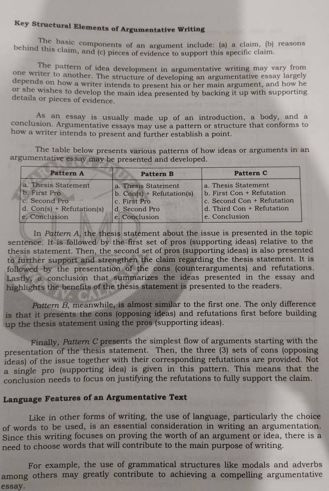 Key Structural Elements of Argumentative Writing
The basic components of an argument include: (a) a claim, (b) reasons
behind this claim, and (c) pieces of evidence to support this specific claim.
The pattern of idea development in argumentative writing may vary from
one writer to another. The structure of developing an argumentative essay largely
depends on how a writer intends to present his or her main argument, and how he
or she wishes to develop the main idea presented by backing it up with supporting
details or pieces of evidence.
As an essay is usually made up of an introduction, a body, and a
conclusion. Argumentative essays may use a pattern or structure that conforms to
how a writer intends to present and further establish a point.
The table below presents various patterns of how ideas or arguments in an
argumentative essay may be presented and developed.
In Pattern A, the thesis statement about the issue is presented in the topic
sentence. It is followed by the first set of pros (supporting ideas) relative to the
thesis statement. Then, the second set of pros (supporting ideas) is also presented
to further support and strengthen the claim regarding the thesis statement. It is
followed by the presentation of the cons (counterarguments) and refutations.
Lastly, a conclusion that summarizes the ideas presented in the essay and
highlights the benefits of the thesis statement is presented to the readers.
Pattern B, meanwhile, is almost similar to the first one. The only difference
is that it presents the cons (opposing ideas) and refutations first before building
up the thesis statement using the pros (supporting ideas).
Finally, Pattern C presents the simplest flow of arguments starting with the
presentation of the thesis statement. Then, the three (3) sets of cons (opposing
ideas) of the issue together with their corresponding refutations are provided. Not
a single pro (supporting idea) is given in this pattern. This means that the
conclusion needs to focus on justifying the refutations to fully support the claim.
Language Features of an Argumentative Text
Like in other forms of writing, the use of language, particularly the choice
of words to be used, is an essential consideration in writing an argumentation.
Since this writing focuses on proving the worth of an argument or idea, there is a
need to choose words that will contribute to the main purpose of writing.
For example, the use of grammatical structures like modals and adverbs
among others may greatly contribute to achieving a compelling argumentative
essay.